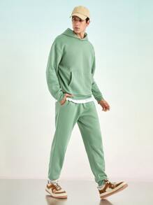SHEIN X MOHA 男士落肩袖袋鼠口袋連帽衫和運動褲 - 薄荷綠 - 查看 6