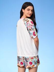 TOM & JERRY X SHEIN Cartoon & Letter Graphic Raglan Sleeve PJ Set - Multicolor - View 2