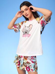 TOM & JERRY X SHEIN Cartoon & Letter Graphic Raglan Sleeve PJ Set - Multicolor - View 4