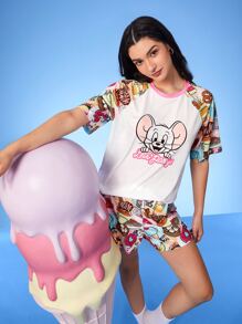 TOM & JERRY X SHEIN Cartoon & Letter Graphic Raglan Sleeve PJ Set - Multicolor - View 5