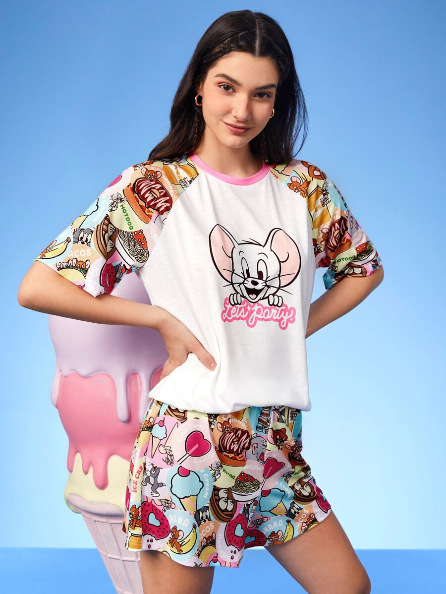 TOM & JERRY X SHEIN 卡通和字母圖案插肩袖睡衣套裝 - 彩色 - 查看 1