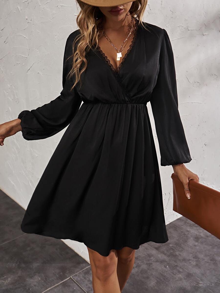 SHEIN Clasi Đầm Tương phản ren Trọn gói màu trơn Thanh lịch - màu đen - Xem 1