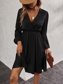 SHEIN Clasi Đầm Tương phản ren Trọn gói màu trơn Thanh lịch - màu đen - Xem 3