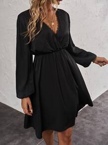 SHEIN Clasi Đầm Tương phản ren Trọn gói màu trơn Thanh lịch - màu đen - Xem 4