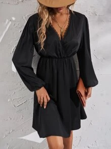 SHEIN Clasi Đầm Tương phản ren Trọn gói màu trơn Thanh lịch - màu đen - Xem 5