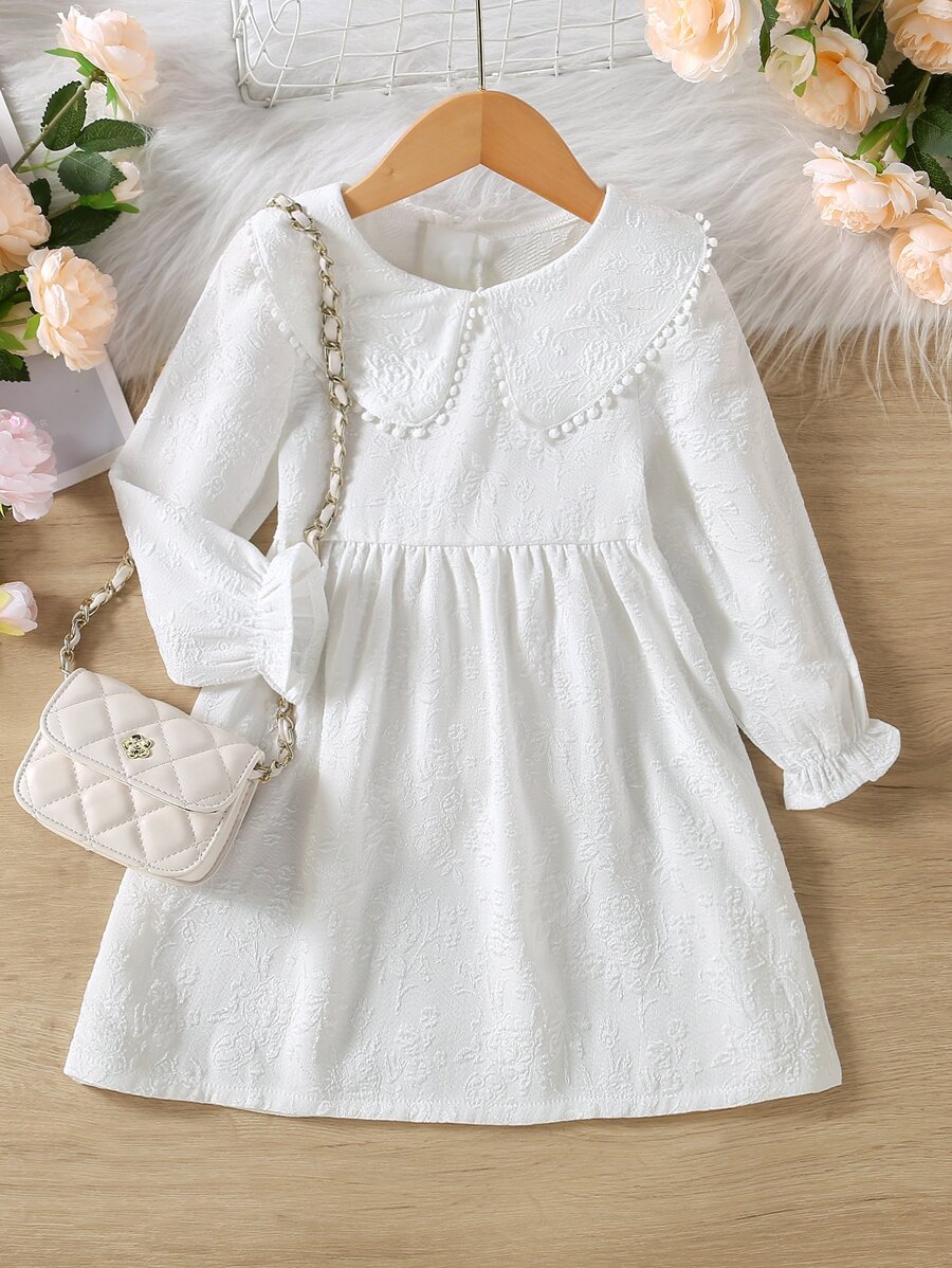 SHEIN 年轻女孩 Pom Pom 饰边彼得潘领荷叶边袖连衣裙