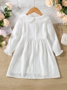 SHEIN 年轻女孩 Pom Pom 饰边彼得潘领荷叶边袖连衣裙