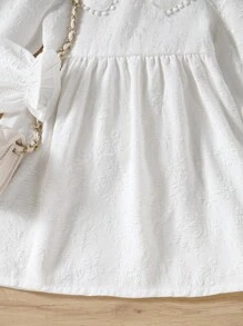 SHEIN 年轻女孩 Pom Pom 饰边彼得潘领荷叶边袖连衣裙