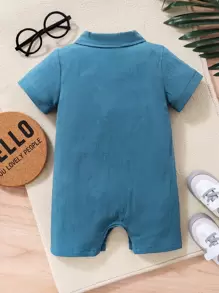 SHEIN 男嬰恐龍刺繡紐扣半開襟連身短褲 - 水鴨藍 - 查看 2