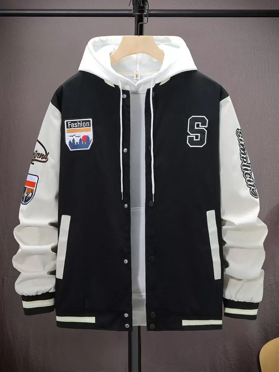 Aesthetic Post Áo khoác Nam Nghề thêu Túi Nút phía trước Khối Màu Lá thư Sẵn sàng - Đen và trắng - Xem 1