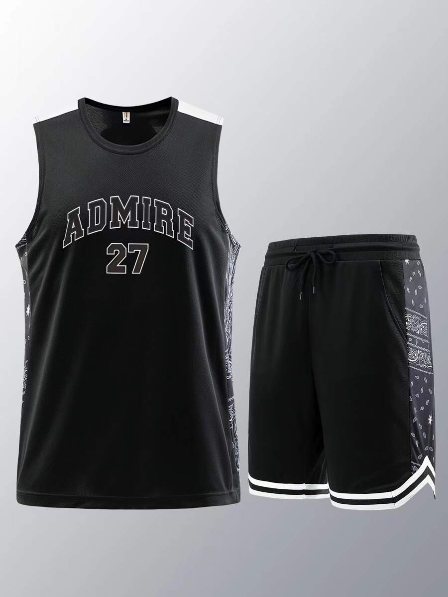 Men Paisley and Letter Graphic Tank Top & Drawstring Shorts - Black - View 1
