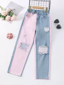 Girls Two Tone Ripped Frayed Tapered Jeans - Multicolor - View 1