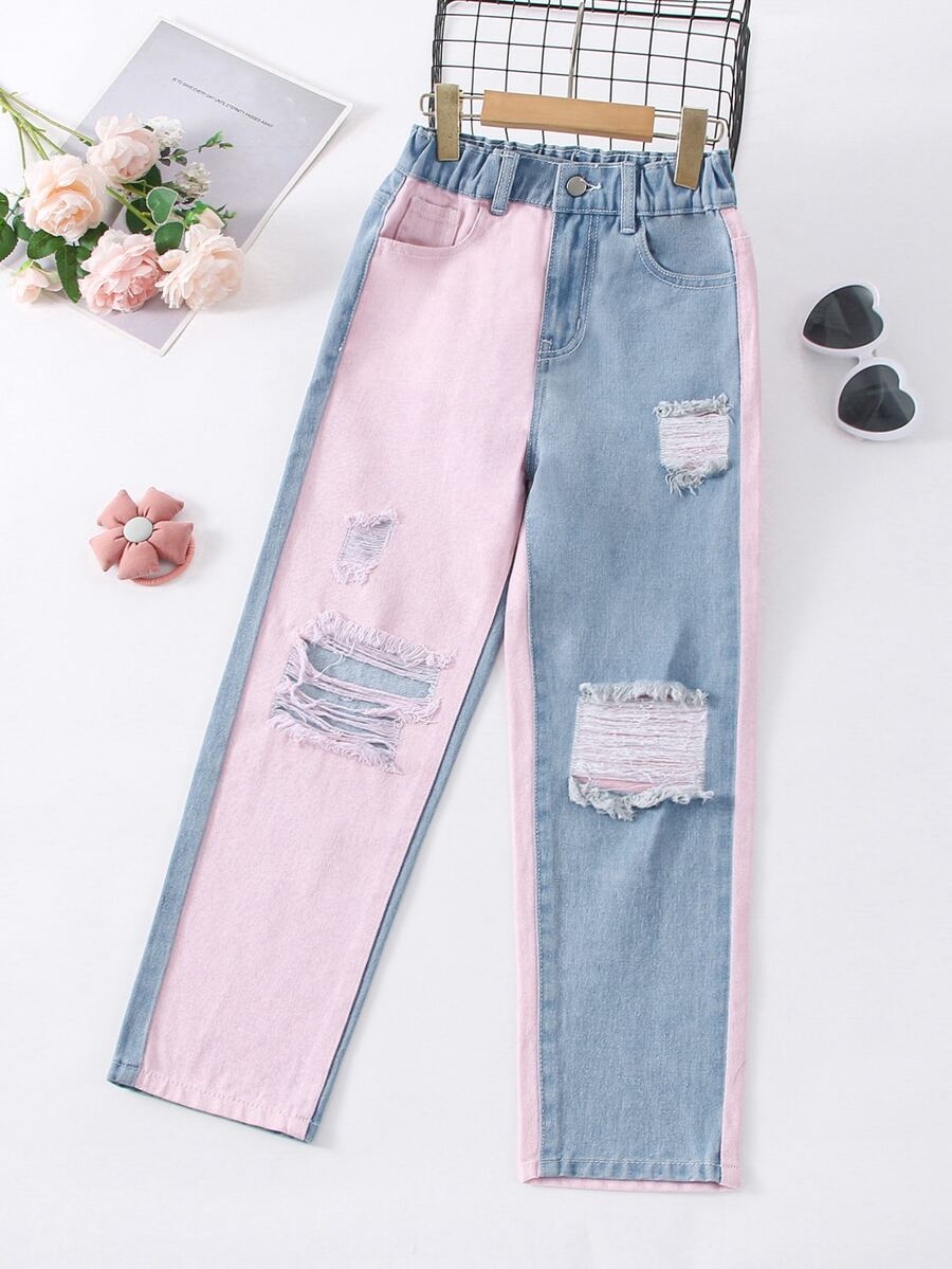 Girls Two Tone Ripped Frayed Tapered Jeans - Multicolor - View 1