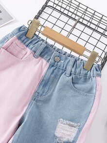Girls Two Tone Ripped Frayed Tapered Jeans - Multicolor - View 3