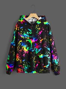 SHEIN EZwear Splash Ink Print Drop Shoulder Hoodie In Fall/Winter - Multicolor - View 1