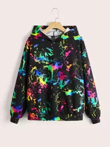 SHEIN EZwear Splash Ink Print Drop Shoulder Hoodie In Fall/Winter - Multicolor - View 4