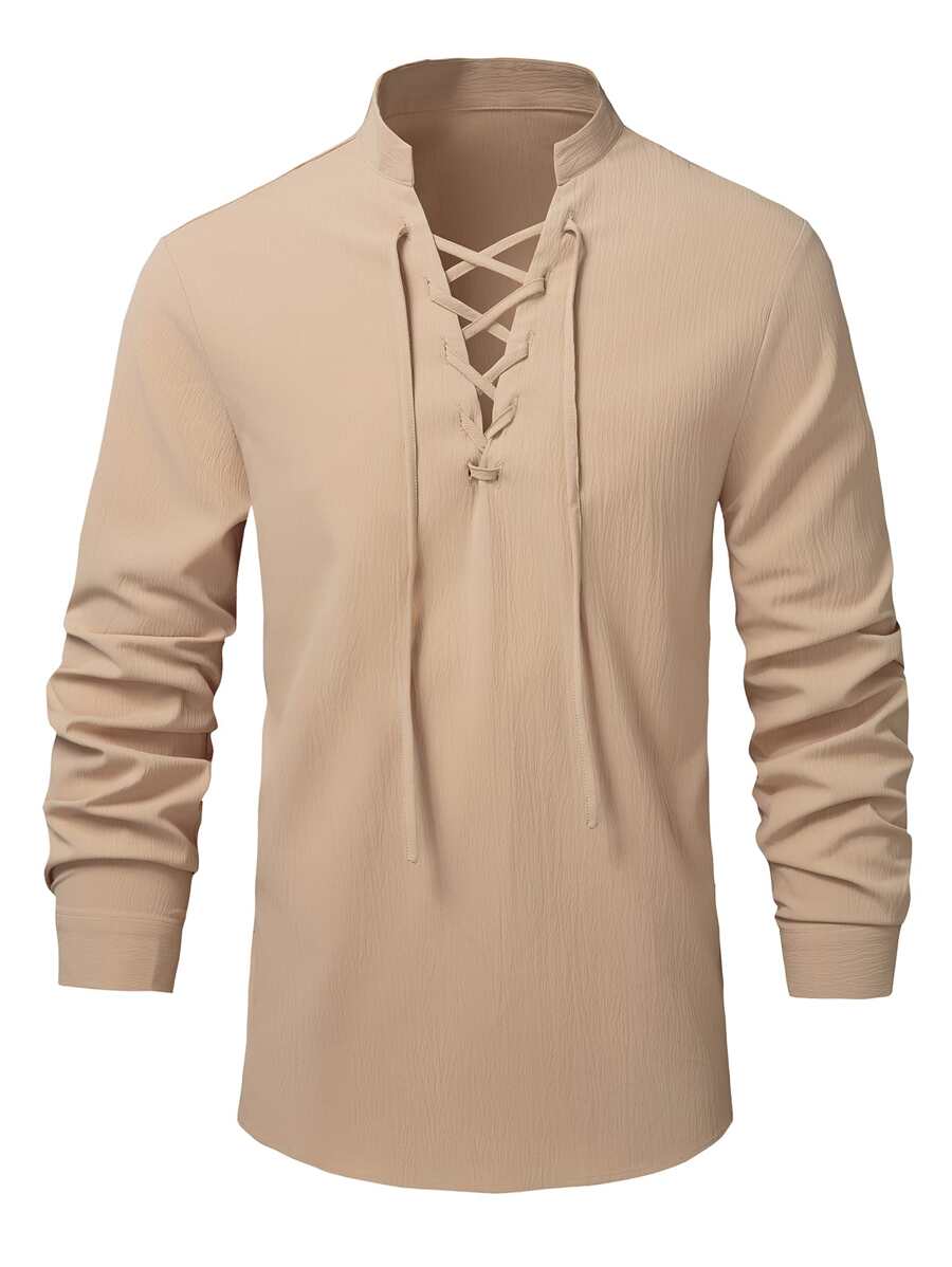 Manfinity Men Lace Up Front Medieval Shirt - Khaki - View 1