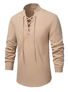 Manfinity Men Lace Up Front Medieval Shirt - Khaki - View 4