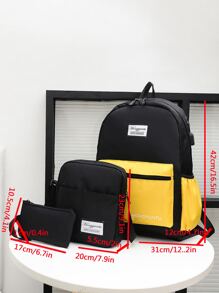 3pcs Colorblock Letter Patch Decor Functional Backpack Set School Bag Set For Graduate, Teen Girls, Freshman, Sophomore, Junior & Senior In College, University & High School, Perfect For Outdoors ,Travel & Back To School - Multicolor - View 8