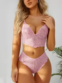 Floral Lace Scallop Trim Lingerie Set - Baby Pink - View 1
