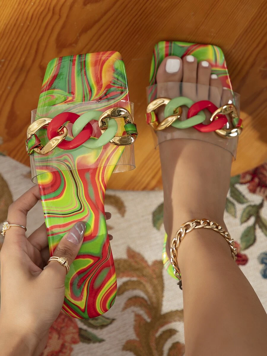 Dép xăng đan đế vuông đế bằng cho nữ, dép lê nữ kiểu dáng ngày lễ nhiều màu sắc, giày đế bằng cỡ lớn mùa hè thông thường - Trong sáng - Xem 1