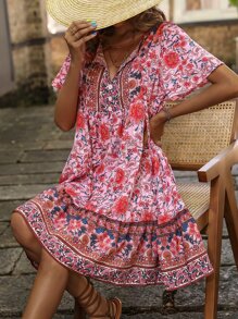 Breezaya Casual Tie Collar Floral Print Loose Fit Vacation Dress For New Year Clothes Vacation Beach Outfits Women - Red - View 5