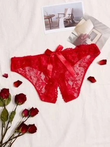 Quần lót ren hoa nơ phía trước mở đáy quần - Đỏ - Xem 6