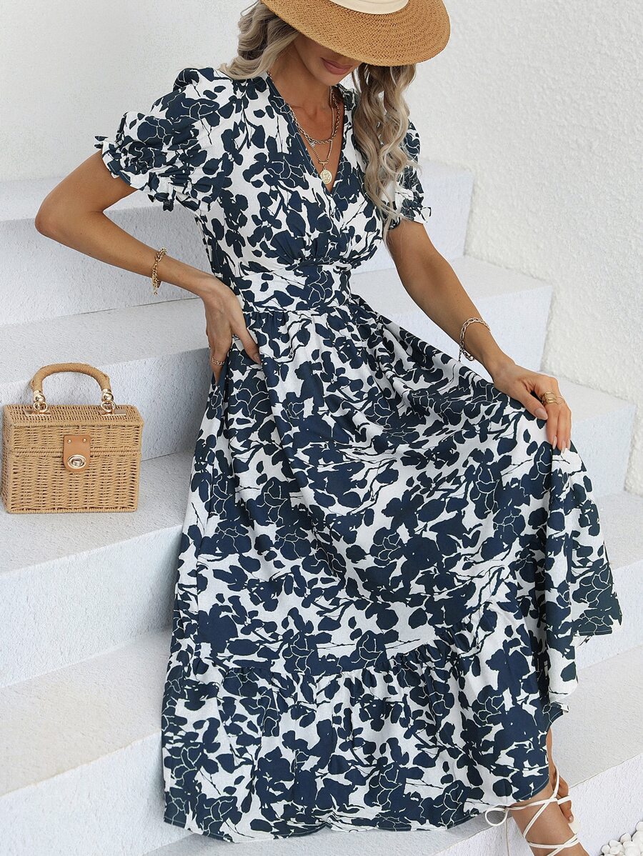 All Over Floral Print Shirred Dress - Blue - View 1