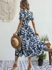 All Over Floral Print Shirred Dress - Blue - View 2