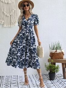 All Over Floral Print Shirred Dress - Blue - View 5