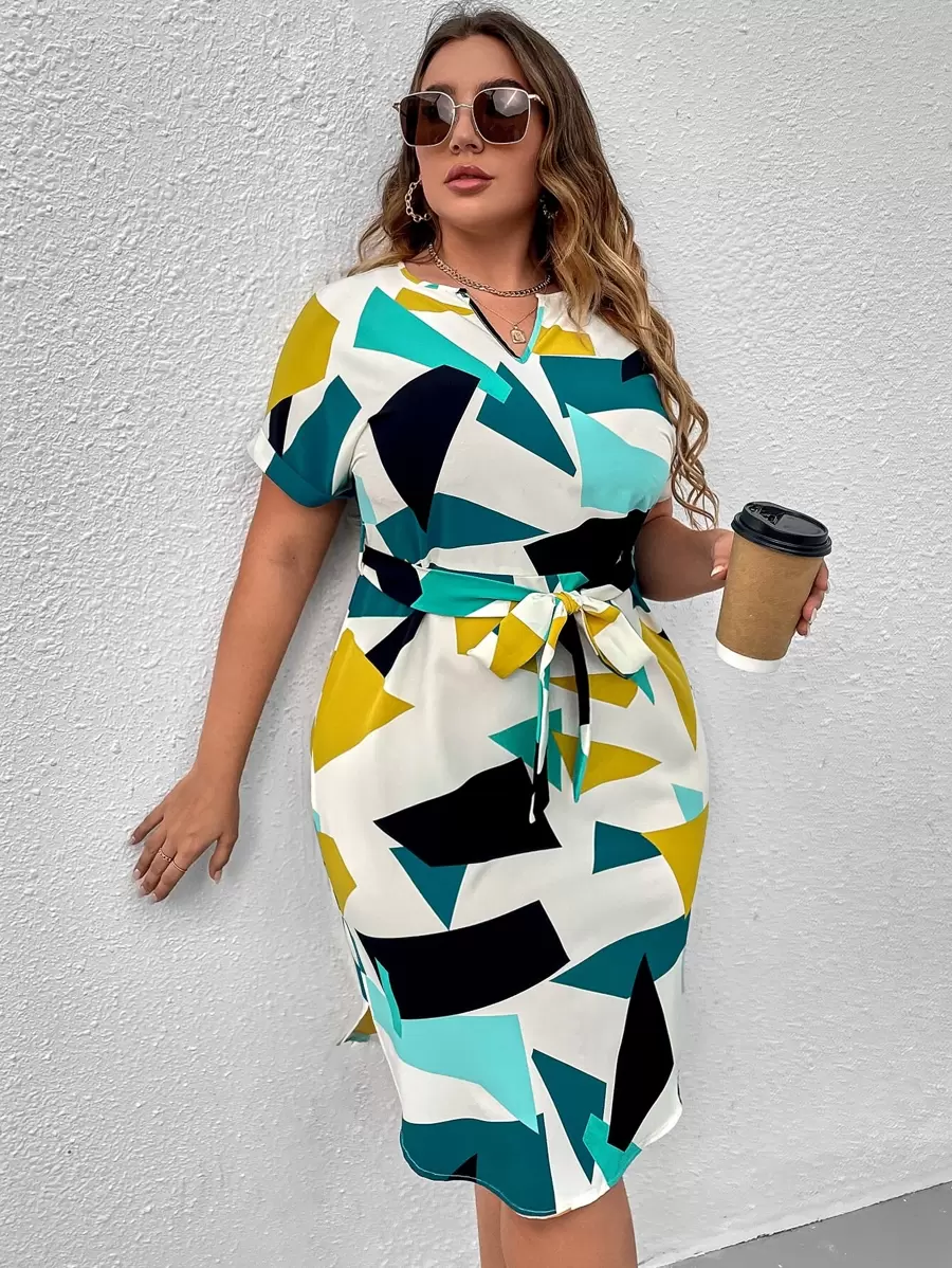 SHEIN Clasi Plus Geo Print Colorblock Notched Belted Dress - Multicolor - View 1