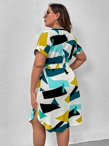 SHEIN Clasi Plus Geo Print Colorblock Notched Belted Dress - Multicolor - View 2