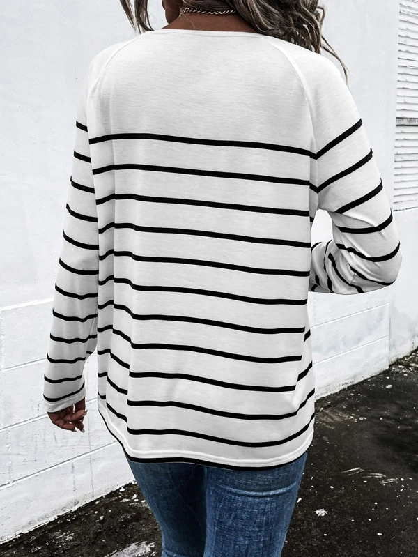 Raglan Sleeve Striped Half Button Tee Shein Usa