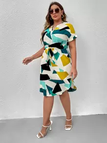 SHEIN Clasi Plus Geo Print Colorblock Notched Belted Dress - Multicolor - View 3