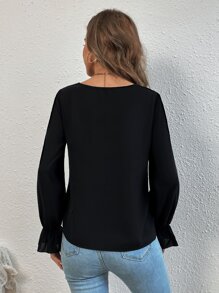 SHEIN SXY Contrast Dobby Mesh Flounce Sleeve Blouse - Black - View 2