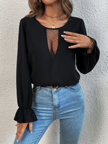 SHEIN SXY Contrast Dobby Mesh Flounce Sleeve Blouse - Black - View 3