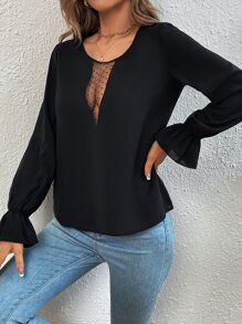 SHEIN SXY Contrast Dobby Mesh Flounce Sleeve Blouse - Black - View 5