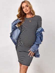 SHEIN Maternity Striped Print Bodycon Dress - Black and White - View 3