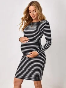 SHEIN Maternity Striped Print Bodycon Dress - Black and White - View 1