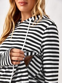SHEIN Maternity Nursing Striped Drop Shoulder Drawstring Hoodie - Black and White - View 2