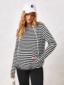 SHEIN Maternity Nursing Striped Drop Shoulder Drawstring Hoodie - Black and White - View 3