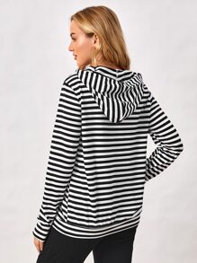 SHEIN Maternity Nursing Striped Drop Shoulder Drawstring Hoodie - Black and White - View 4