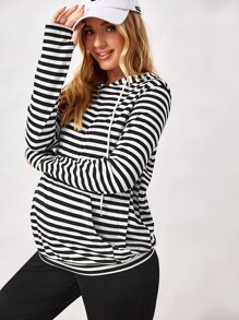 SHEIN Maternity Nursing Striped Drop Shoulder Drawstring Hoodie - Black and White - View 5