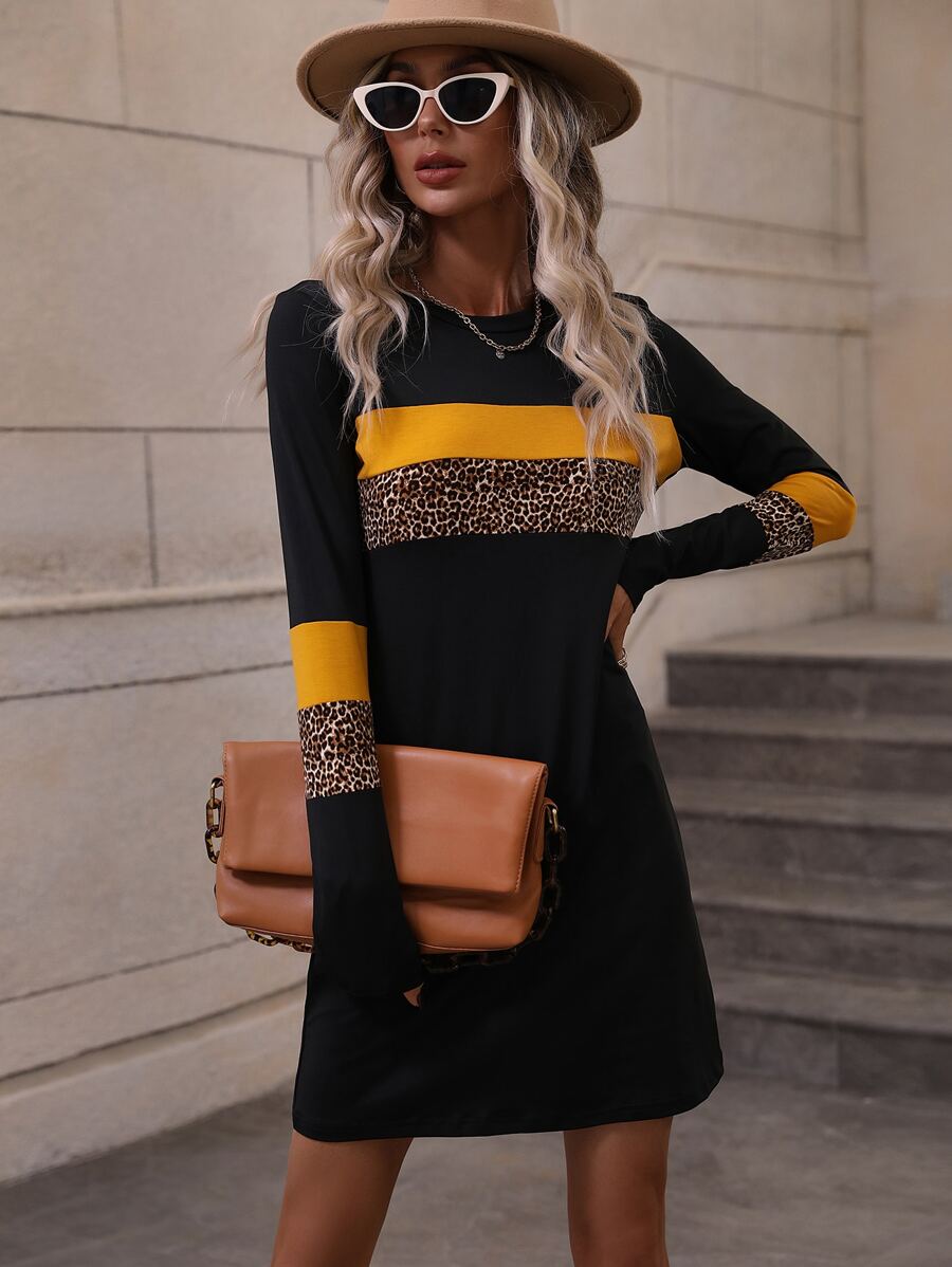 SHEIN LUNE Colorblock & Leopard Print Tee Dress - Black - View 1