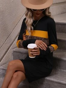 SHEIN LUNE Colorblock & Leopard Print Tee Dress - Black - View 3