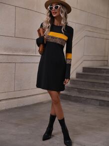 SHEIN LUNE Colorblock & Leopard Print Tee Dress - Black - View 5
