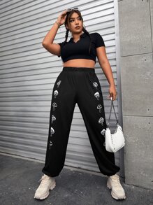 Flirla 大碼蘑菇圖案衛褲 - 黑色 - 查看 5