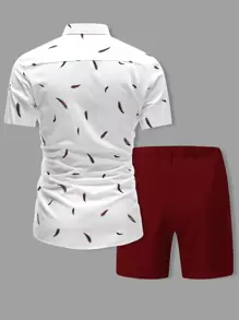 Manfinity Homme 男士羽毛印花襯衫和腰部抽繩短褲 - 紅白色 - 查看 2