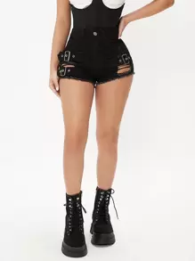 SHEIN PETITE 搭扣腰帶毛邊牛仔短褲 - 黑色 - 查看 1
