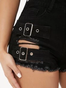SHEIN PETITE 搭扣腰帶毛邊牛仔短褲 - 黑色 - 查看 5